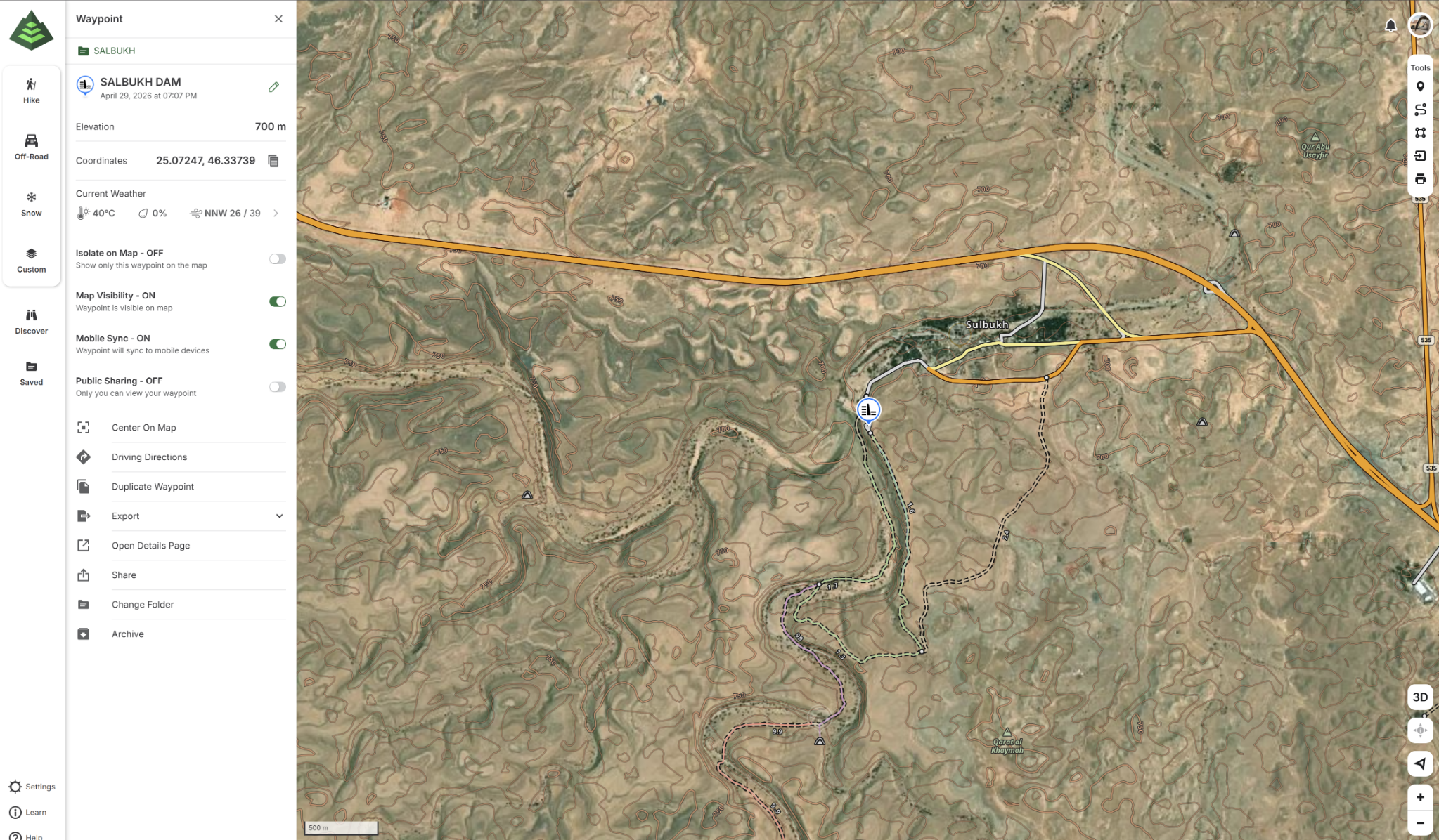 Gaia GPS map preview showing Salbukh Dam waypoint, terrain contours, nearby roads, and off-road tracks around Salbukh